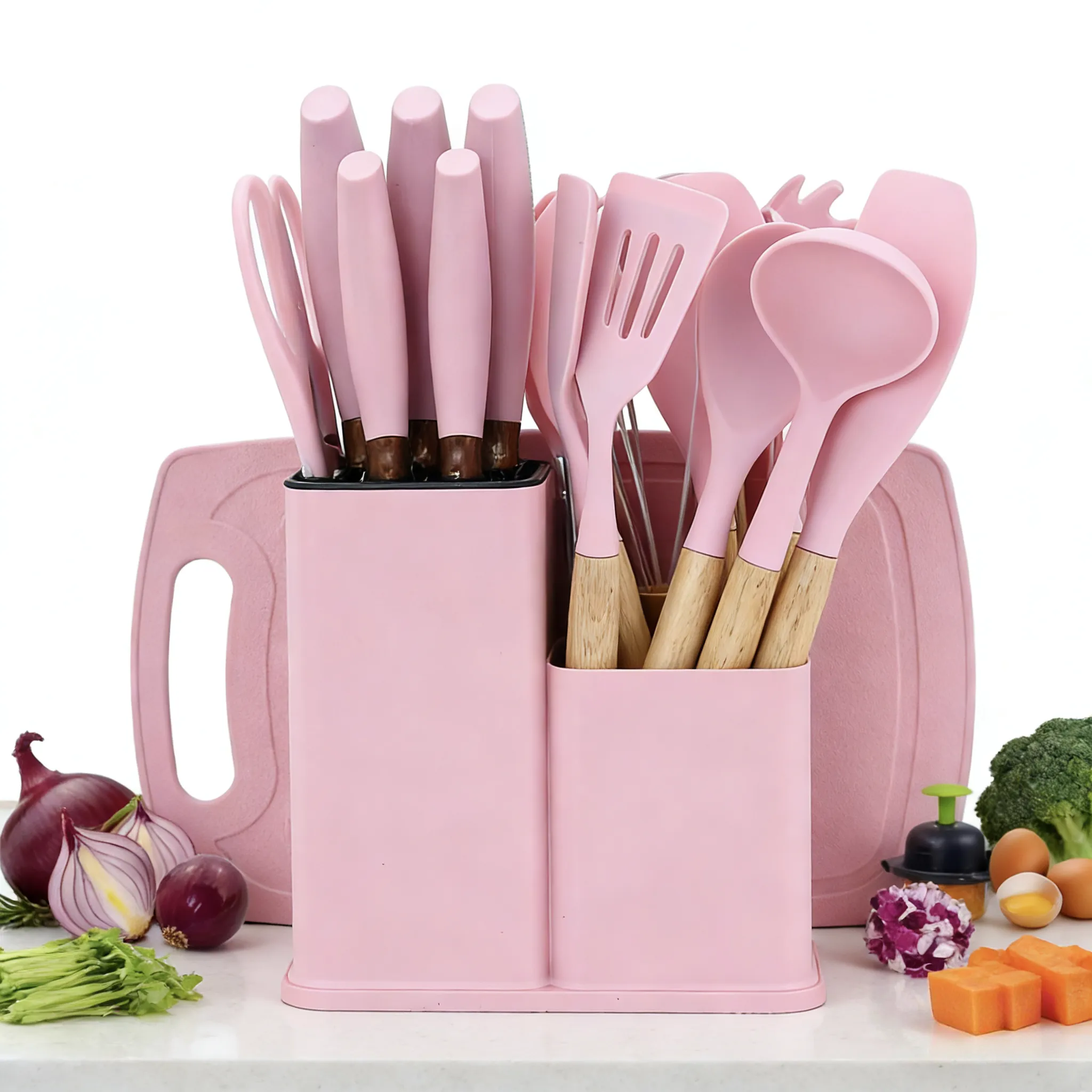 JUEGO DE UTENSILIOS DE COCINA, DE SILICONA Y MADERA CON CUBO DE ALMACENAMIENTO, 19 PCS, 1 SET