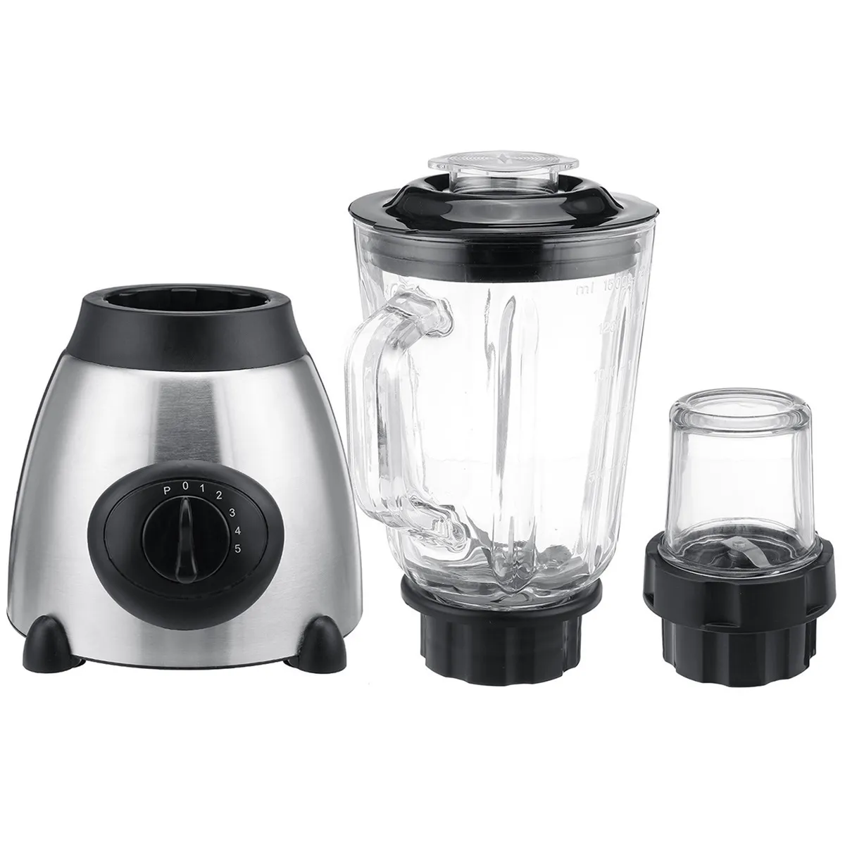 LICUADORA CON VASO DE VIDRIO, MAS VASO PICATODO, 1.5 LITROS, 5 VELOCIDADES, 110-240 VOLTIOS, 6 CUCHILLAS, 1000 WATTS, ACERO INOXIDABLE, 20X20X40CM